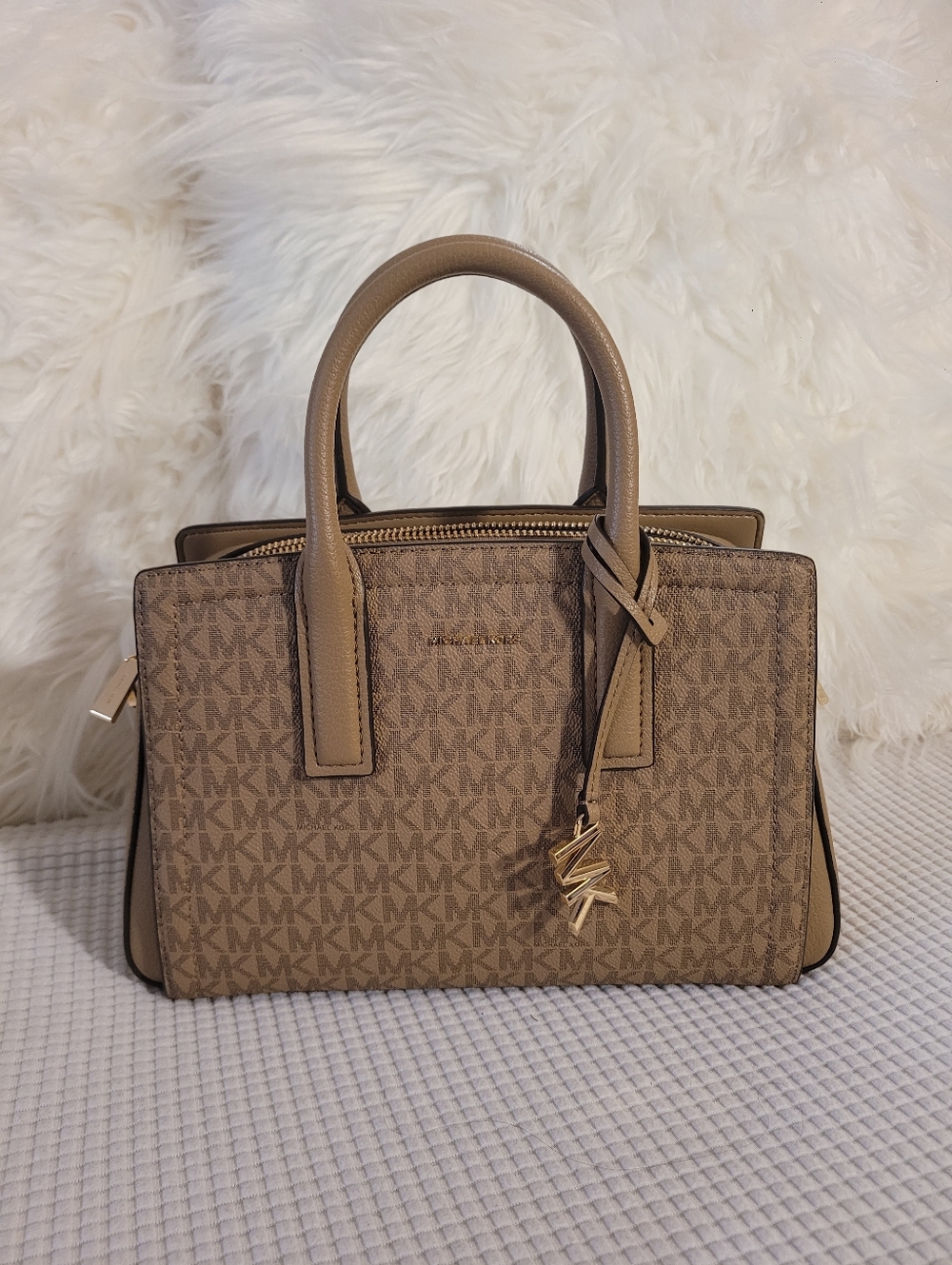 Michael Kors Tan Signature PVC Satchel with Gold Charm
